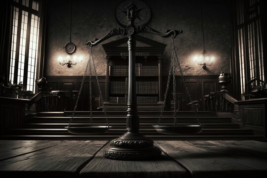 Scales of justice in the courtroom, dark lighting, punishment system for prisoners, presumption of innocence, constitution day. Generative AI