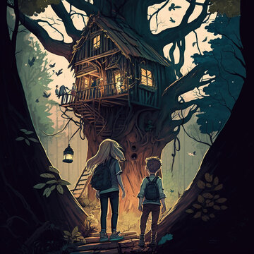mysterious treehouse, mysterious treehouse in the jungle, Jack and Annie stumble upon a mysterious treehouse, beautiful treehouse between the branches of a green tree, generative ai