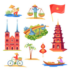 Vietnam elements set. Isolated on white background. Residents, architecture. Vector stock illustration.