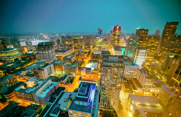 Fototapeta na wymiar Vancouver, Canada - August 10, 2017: Aerial view of Downtown Vancouver skyline at night.
