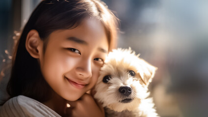 A lovely Asian girl embracing and beaming with her adorable Maltese canine companion. generative AI