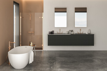 Fototapeta na wymiar Modern bathroom with luxurious cabinet, white bathtub, shower cabin, window, and concrete floor, featuring beige and white walls for a sleek and sophisticated look.3d rendering