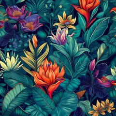 A vibrant, seamless pattern showcasing a lush array of tropical plants and flowers, interwoven with each other. - Generative AI, Generative, KI