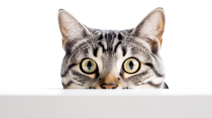 The cat peeks out from behind the edge of the table on a transparent background.