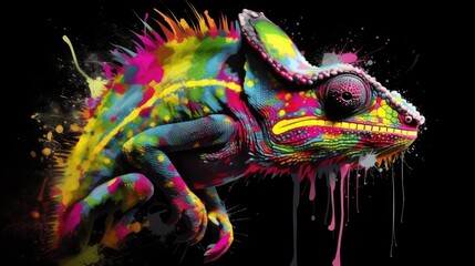 Splash color graffiti of a chameleon - Generative AI - obrazy, fototapety, plakaty