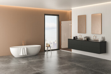 Fototapeta na wymiar Modern bathroom with luxurious cabinet, white bathtub, shower cabin, window, and concrete floor, featuring beige and white walls for a sleek and sophisticated look.3d rendering