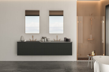 Modern bathroom with luxurious cabinet, white bathtub, shower cabin, window, and concrete floor, featuring beige and white walls for a sleek and sophisticated look.3d rendering