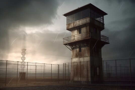 barbed wire and prison watchtower  created with Generative AI technology
