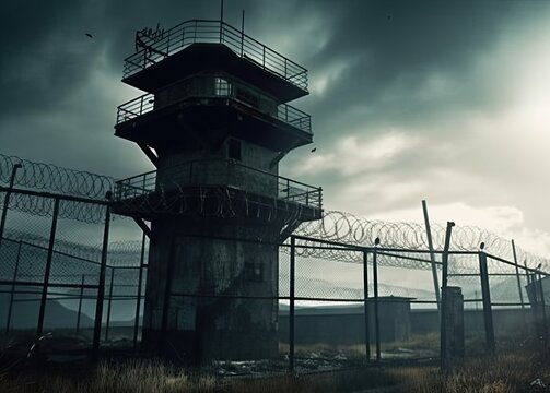  barbed wire and prison watchtower created with Generative AI technology