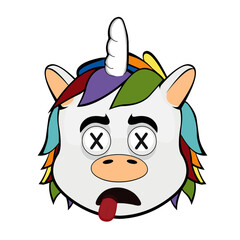 vector illustration face of a dead cartoon unicorn, with crosses in the eyes and tongue out