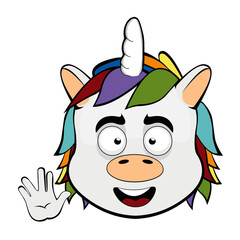vector illustration face of a happy unicorn cartoon, doing the classic vulcan salute with his hand