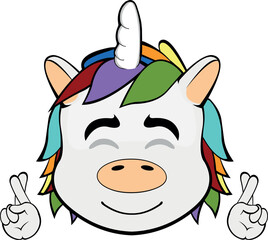 vector illustration face unicorn cartoon crossing the fingers of the hands, asking for a wish or good luck
