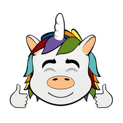 vector illustration face of a unicorn cartoon happy with hands and thumbs up
