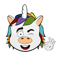 vector illustration face of unicorn cartoon, winking eye and with his hand making an ok or perfect gesture