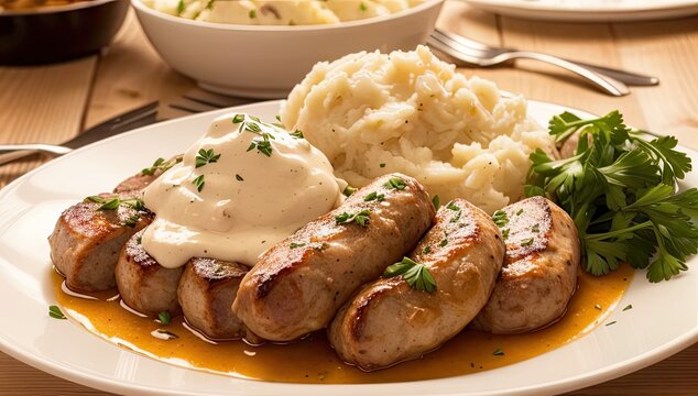 A plate of bangers and mash, succulent sausages, creamy mashed potatoes, rich onion gravy, sprinkle of fresh parsley. Generative AI