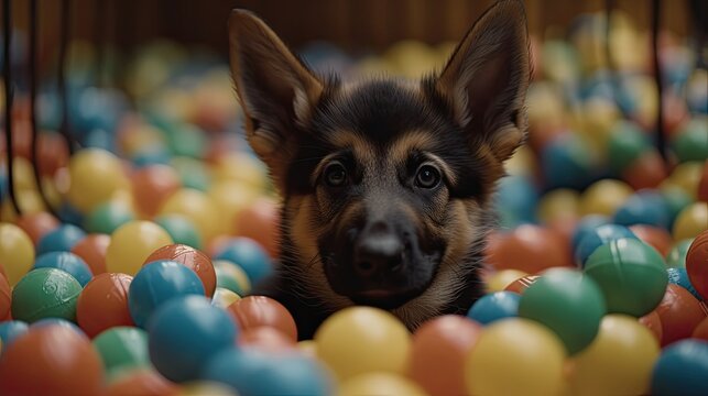Playful german shepperd puppy in a ballpin created using generative AI tools