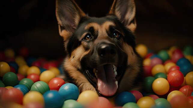 Playful german shepperd puppy in a ballpin created using generative AI tools