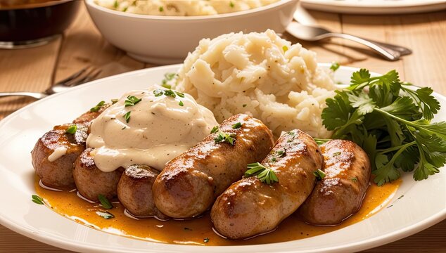 A plate of bangers and mash, succulent sausages, creamy mashed potatoes, rich onion gravy, sprinkle of fresh parsley. Generative AI