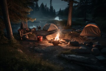 Tent campsite with fire. Generate Ai