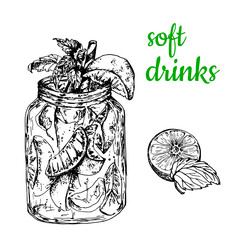 Refreshing orange and peach drink with mint leaves.Vector stock illustration.Soft drinks. Hand drawing. Black and white sketch isolated on white. For bars, cafes, menus, labels and healthy drinks desi