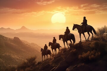 Cowboys horses sunset. Generate Ai
