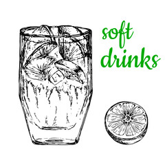 Refreshing drink with lime slices and ice. Lemonade in a glass. Vector illustration . Hand drawing. Black and white sketch isolated on white background. For bars, cafes, menus, glass of water with ice