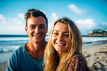 Obraz premium Smiling young couple on the beach in a windy day. Created with Generative AI technology.
