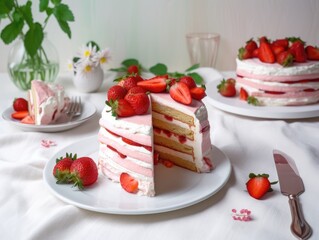 Strawberry sponge cake with fresh strawberries. Generative AI