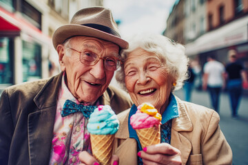 sweet senior couple eating ice cream. generative ai. - obrazy, fototapety, plakaty