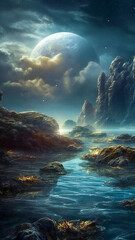 Obraz premium Strange, fantasy dream alien planet, with clouds and a big moon rising. Created with Generative AI technology.