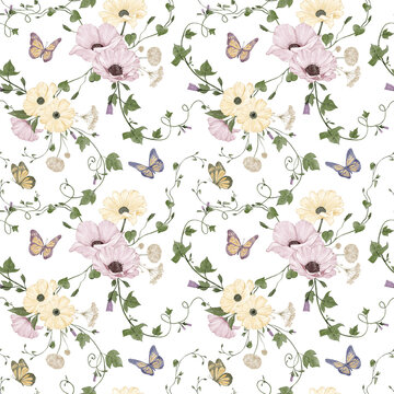 Seamless pattern with yellow and pink flowers, butterflies on white background