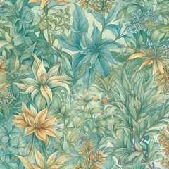 A whimsical, seamless pattern filled with an assortment of tropical plants and flowers, playfully intertwined. - Generative AI, Generative, KI
