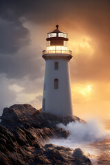 Lighthouse and rough sea around, storm with high sea waves. Generative Ai.