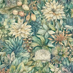A whimsical, seamless pattern filled with an assortment of tropical plants and flowers, playfully intertwined. - Generative AI, Generative, KI