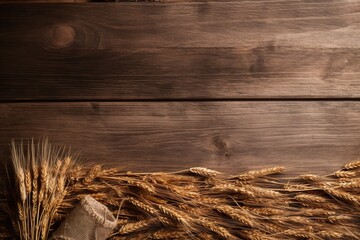 Wooden background with a harvest of wheat. Generative AI