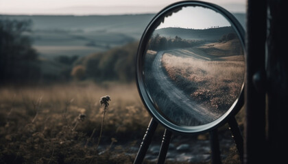 Driving through rural landscape at sunset, reflecting beauty generated by AI