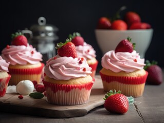 Homemade pink sweet cupcake with strawberries. Generative AI