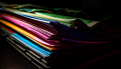 Stack of colorful documents on messy desk generated by AI