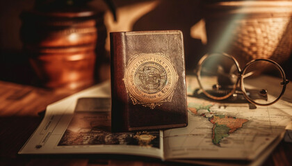 Fototapeta na wymiar Antique book on wooden desk with magnifying glass generated by AI
