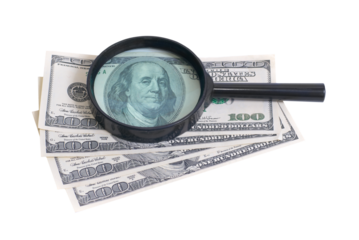 Magnifier glass with dollars in PNG isolated on transparent background