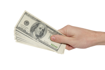 Hand with money cash american dollars in PNG isolated on transparent background