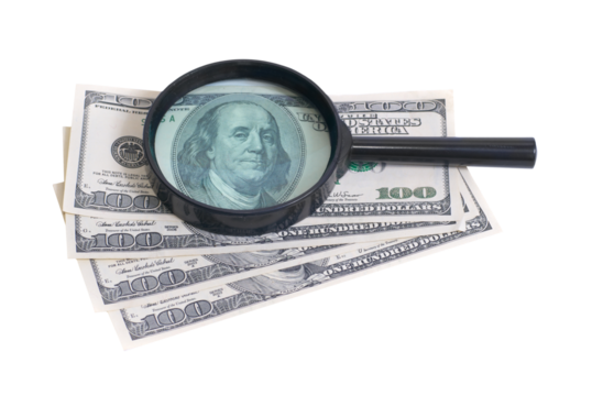 Magnifier glass with dollars in PNG isolated on transparent background - Powered by Adobe
