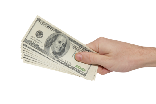 Hand with money cash american dollars in PNG isolated on transparent background - Powered by Adobe