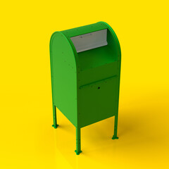 Green Metal Mailbox Stands Against Isolated Yellow Background