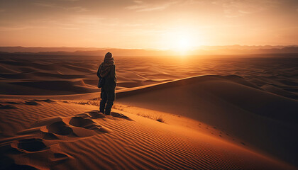 Fototapeta na wymiar Solitude in arid climate man walking sand dune generated by AI