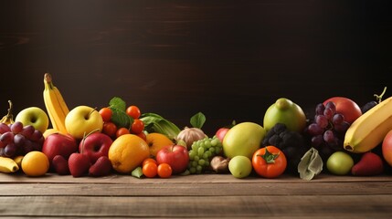 Fresh Healthy Fruits and Vegetables Framing a Border with a Natural Light-colored Wooden Table as the Background. With Licensed Generative AI Technology Assistance.