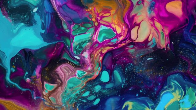 Abstract vibrant fluid video, motion background, colored moving liquid texture, creative art with dissolving material and alcohol ink style with thick paint layers