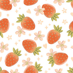 Strawberries and white flowers seamless pattern