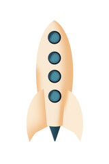 Cartoon illustration of retro space rocket in light colors. Bright spaceship with wings and green portholes on transparent background. PNG sci-fi element. Easy to use in any space or UFO projects.
