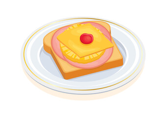 Toast Hawaii with pineapple, ham, cheese and maraschino cherry icon vector. Hawaiian toast on a plate icon vector isolated on a white background. Toasted bread sandwich illustration